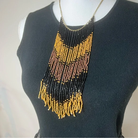 Handmade Artisan Ombre Seed Bead Necklace Bohemian Fringe Black/Brown/Yellow ✨🤎 - Picture 7 of 8
